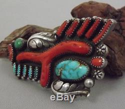IMPORTANT Lg Vntg Zuni ROMANCITO Pin / Brooch Sterling Branch Coral Turquoise