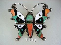 IMPORTANT OLD Leo Poblano ZUNI STERLING SILVER & MOSAIC INLAY BUTTERFLY PIN