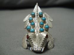 Important Ben Yazzie Vintage Navajo Coral Turquoise Sterling Silver Pin