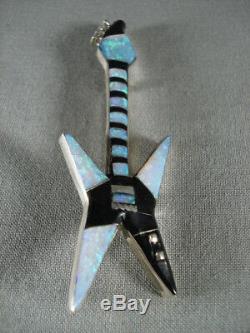 Incredible Vintage Navajo Opal And Onyx Electgric Guitar Silver Pin