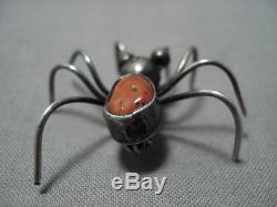 Incredible Vintage Navajo Sterling Silver Spider Coral Pin Old