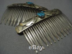Incredible Vintage Navajo Sterling Silver Turquoise Hair Combs Barrtte Pin