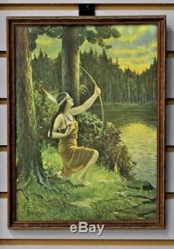 Indian Maiden Print Shooting Bow in Wilderness Rare Native American Pin-Up Art