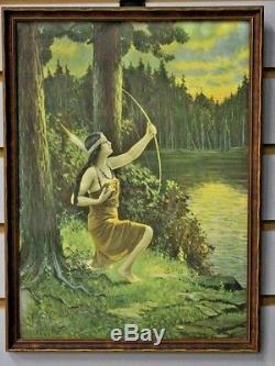 Indian Maiden Print Shooting Bow in Wilderness Rare Native American Pin-Up Art