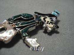 Intricate Detailed! Zuni Turquoise Coral Sterling Silver Goofy Pin Pendant