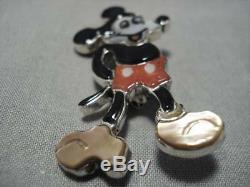 Intricate! Zuni Turquoise Coral Navajo Micky Sterling Silver Mouse Pendant Pin