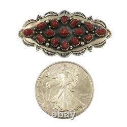J. M. HALEY Native American Sterling Silver Red Coral Pin Brooch 2-3/4 inch Wide