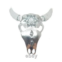 JASON LIVINGSTON NAVAJO Old Pawn Sterling Silver Bull Skull Tribal Pin Brooch