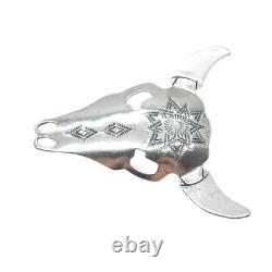 JASON LIVINGSTON NAVAJO Old Pawn Sterling Silver Bull Skull Tribal Pin Brooch