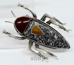 JD signed AMAZING Sterling Silver BUG BEETLE INSECT Native American Stone Brooch