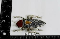 JD signed AMAZING Sterling Silver BUG BEETLE INSECT Native American Stone Brooch