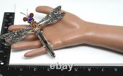 JD signed AMAZING Sterling Silver LARGE DRAGONFLY Native American Stone Brooch