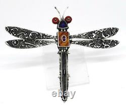 JD signed AMAZING Sterling Silver LARGE DRAGONFLY Native American Stone Brooch