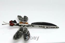 JD signed AMAZING Sterling Silver LARGE DRAGONFLY Native American Stone Brooch