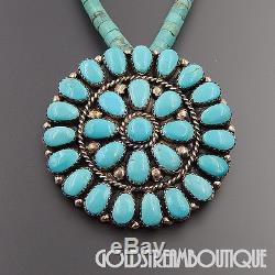 Jerry Wilma Begay Navajo 925 Silver Turquoise Cluster Round Pin Beaded Necklace