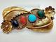 Keevin Kayana Kk Jade, Opal, Onyx, Coral Navajo Feather Brooch Sterling & 12k Gf