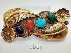 KEEVIN KAYANA KK Jade, Opal, Onyx, Coral Navajo Feather Brooch Sterling & 12K GF