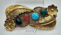 KEEVIN KAYANA KK Jade, Opal, Onyx, Coral Navajo Feather Brooch Sterling & 12K GF