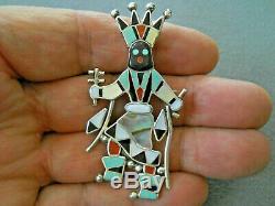 LAIWAKETE Zuni Multi-Stone Inlay Sterling Silver Apache Crown Dancer Pin Pendant