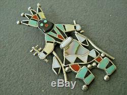 LAIWAKETE Zuni Multi-Stone Inlay Sterling Silver Apache Crown Dancer Pin Pendant