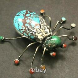 LARGE Herbert Ration NAVAJO Sterling Silver TURQUOISE INSECT Bug PIN/BROOCH