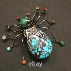 LARGE Herbert Ration NAVAJO Sterling Silver TURQUOISE INSECT Bug PIN/BROOCH