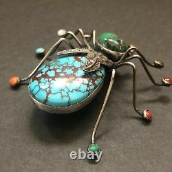 LARGE Herbert Ration NAVAJO Sterling Silver TURQUOISE INSECT Bug PIN/BROOCH