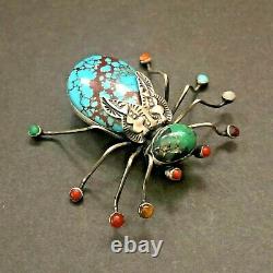 LARGE Herbert Ration NAVAJO Sterling Silver TURQUOISE INSECT Bug PIN/BROOCH