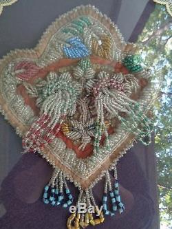 LARGE Native American Indian Trade Glass Beads Framed Heart Pin Cushion 1800's