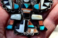 LARGE Old Zuni Sterling Silver & Turquoise Onyx Stone Shell Inlay KNIFEWING Pin
