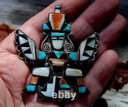 LARGE Old Zuni Sterling Silver & Turquoise Onyx Stone Shell Inlay KNIFEWING Pin