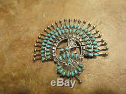 LARGE Vintage ZUNI Sterling Silver PETIT POINT Turquoise PEACOCK PIN Signed SIH