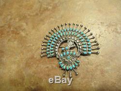 LARGE Vintage ZUNI Sterling Silver PETIT POINT Turquoise PEACOCK PIN Signed SIH