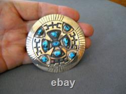 LG C YAZZIE Native American Navajo Turquoise Cluster Sterl Pendant Brooch Pin 3