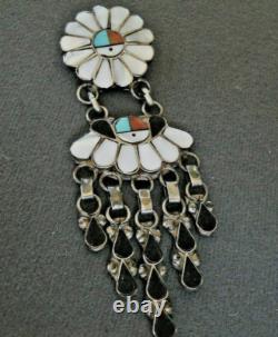 LG Native American Zuni Multi-Stone Inlay Sun Face Sterlin Silver Pin Pendant 4