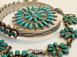 LOT Sterling Silver & Turquoise Zuni Squash Blossom Necklace, Pin & Bracelet
