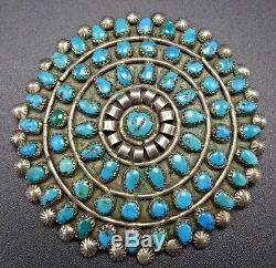 Large 1940s Vintage ZUNI Sterling Silver Turquoise ROUND Petit Point PIN/BROOCH