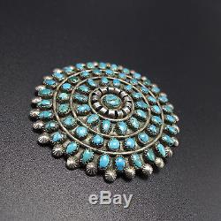 Large 1940s Vintage ZUNI Sterling Silver Turquoise ROUND Petit Point PIN/BROOCH