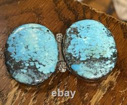 Large Beautiful Turquoise/Silver Two Stone Pin, Signed Free Shipping