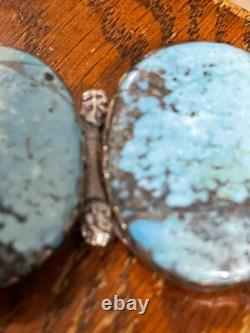 Large Beautiful Turquoise/Silver Two Stone Pin, Signed Free Shipping