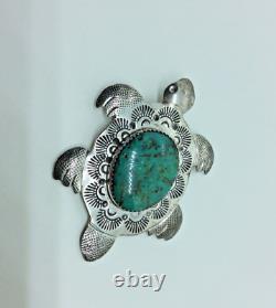 Large D S Navajo Sterling Silver & Turquoise Turtle Native American Pin Pendant