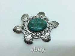 Large D S Navajo Sterling Silver & Turquoise Turtle Native American Pin Pendant