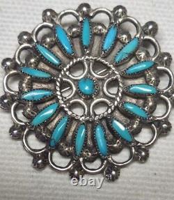 Large Early Zuni Sterling Petit Point Turquoise Cluster Circle Pin / Brooch