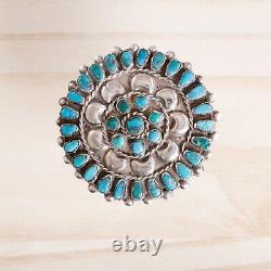 Large Early Zuni Sterling Petit Point Turquoise Cluster Circle Pin / Brooch