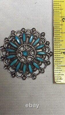 Large Early Zuni Sterling Petit Point Turquoise Cluster Circle Pin / Brooch