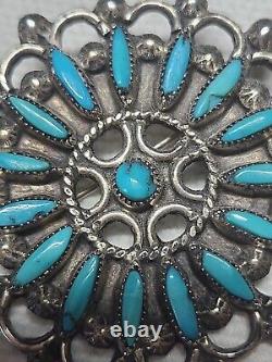 Large Early Zuni Sterling Petit Point Turquoise Cluster Circle Pin / Brooch