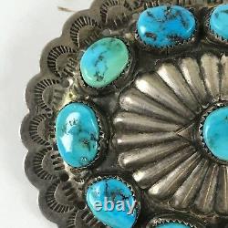 Large Handsome Vintage Navajo Indian Stamped Silver & Turquoise Concho Pin