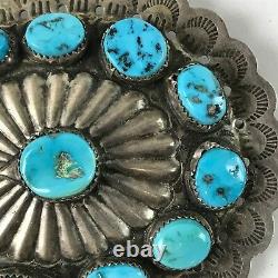 Large Handsome Vintage Navajo Indian Stamped Silver & Turquoise Concho Pin