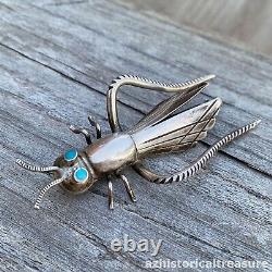 Large Native American Navajo Handmade Silver & Turquoise Grasshopper Pin Brooch