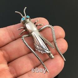 Large Native American Navajo Handmade Silver & Turquoise Grasshopper Pin Brooch